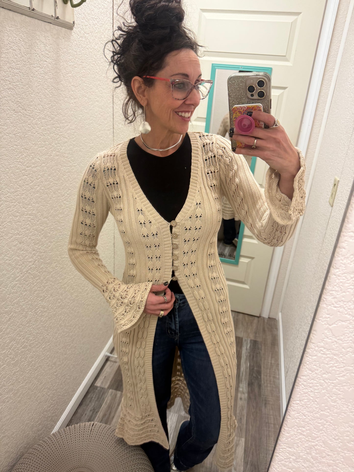 Aphrodite Greek Goddess Open Knit From Flared Long Cardigan