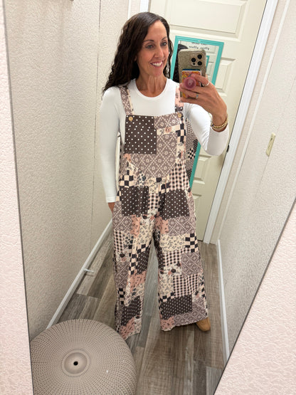 Floral Patchwork Wide Leg Overalls