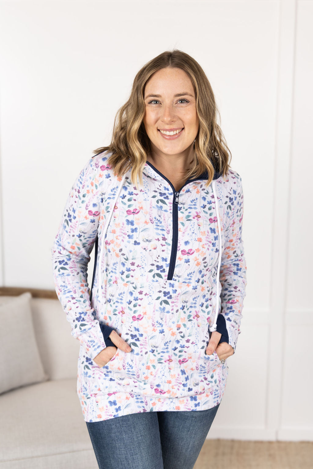 IN STOCK HalfZip Hoodie - Floral Paradise and Navy