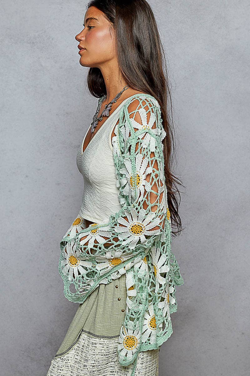 Daisy Long sleeve V neck crochet knit open cardigan: One Size
