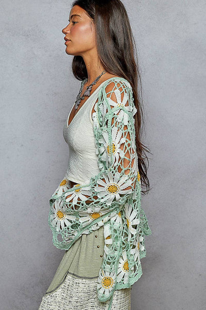 Daisy Long sleeve V neck crochet knit open cardigan: One Size