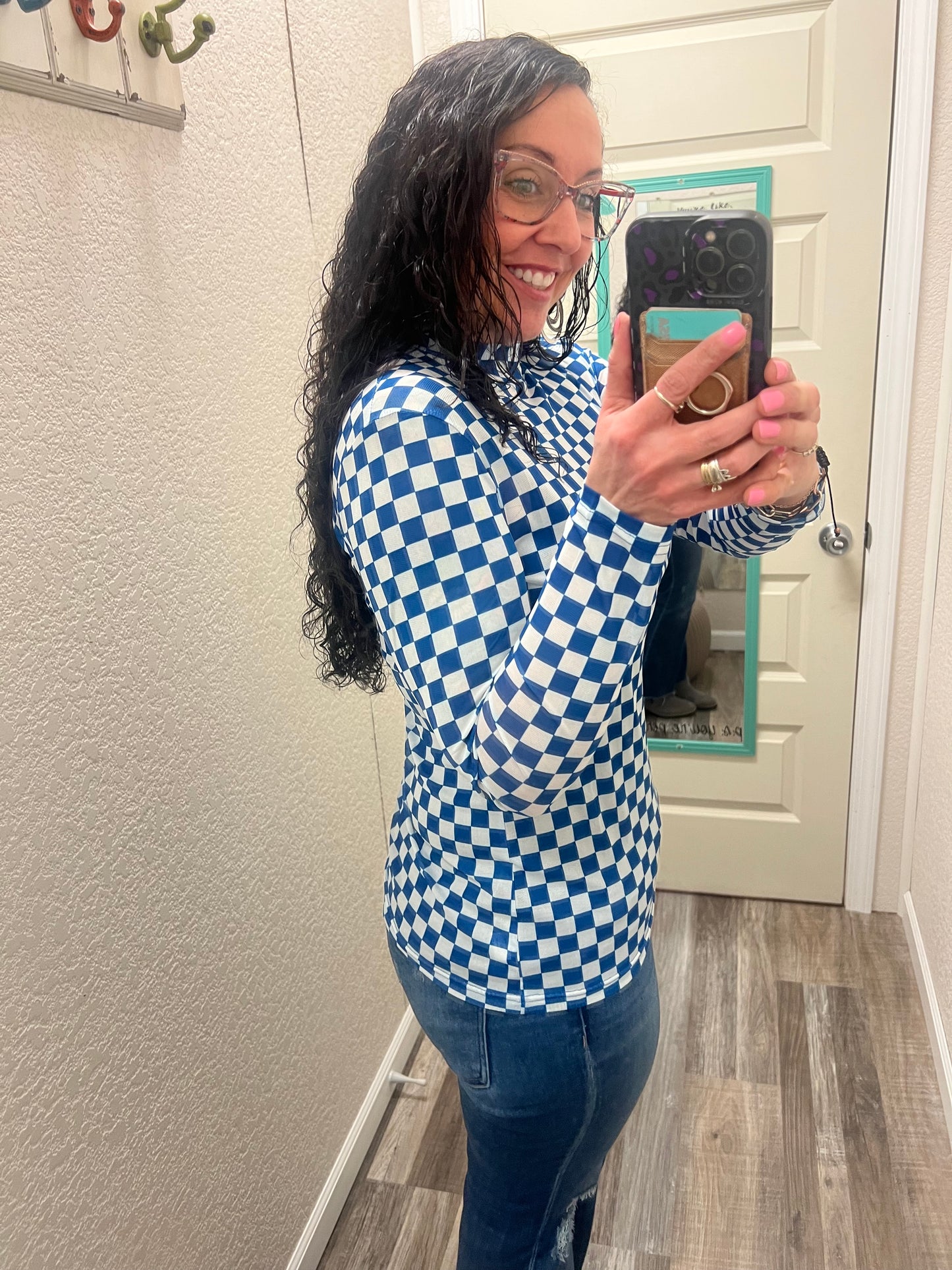 Blue & White Checkered Mesh Top