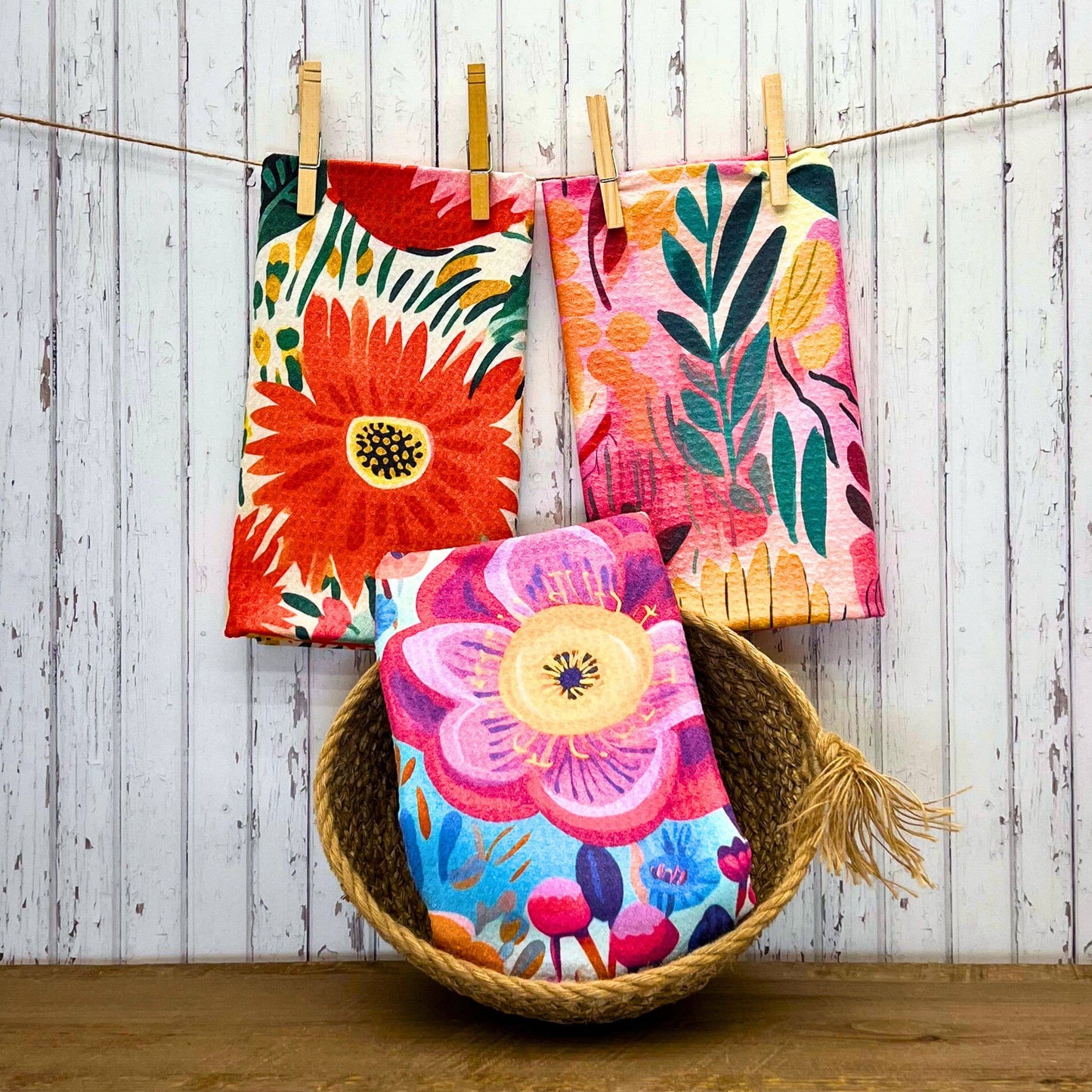 Pink Summer Bloom Kitchen Waffle Towels - Home Decor