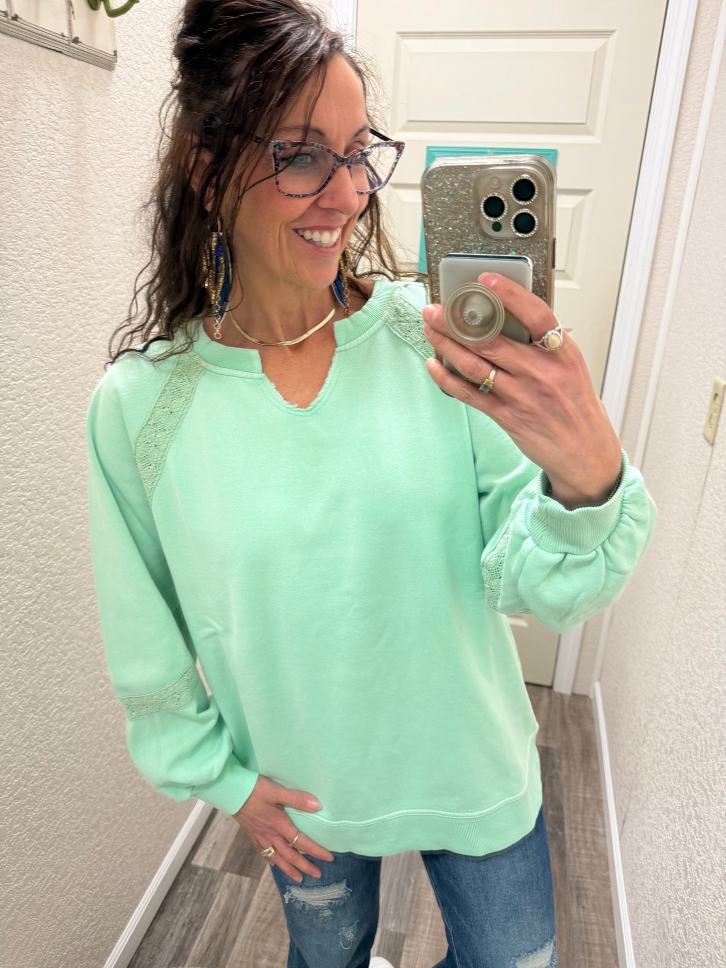 Mint Lace Accent Vintage Wash Pullover -