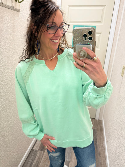 Mint Lace Accent Vintage Wash Pullover -
