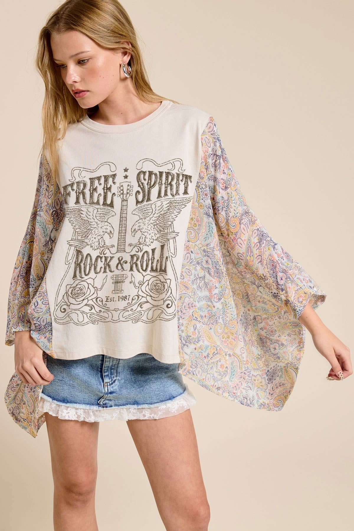 Free Spirit Rock & Roll Graphic Boho Sheer Kaftan Top: ANTIQUE WHITE