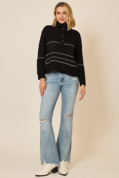 Brandi Button Up Knit Sweater with Contrast Stripes