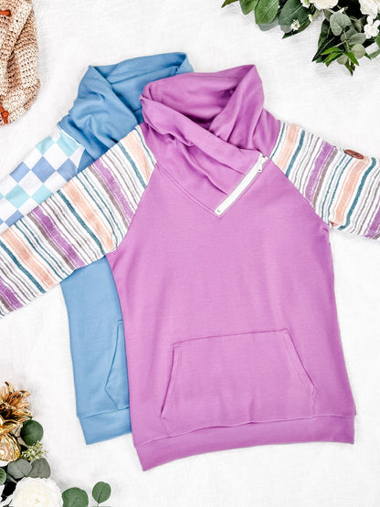 IN STOCK Zoey ZipCowl Sweatshirt - Mauve and Stripes