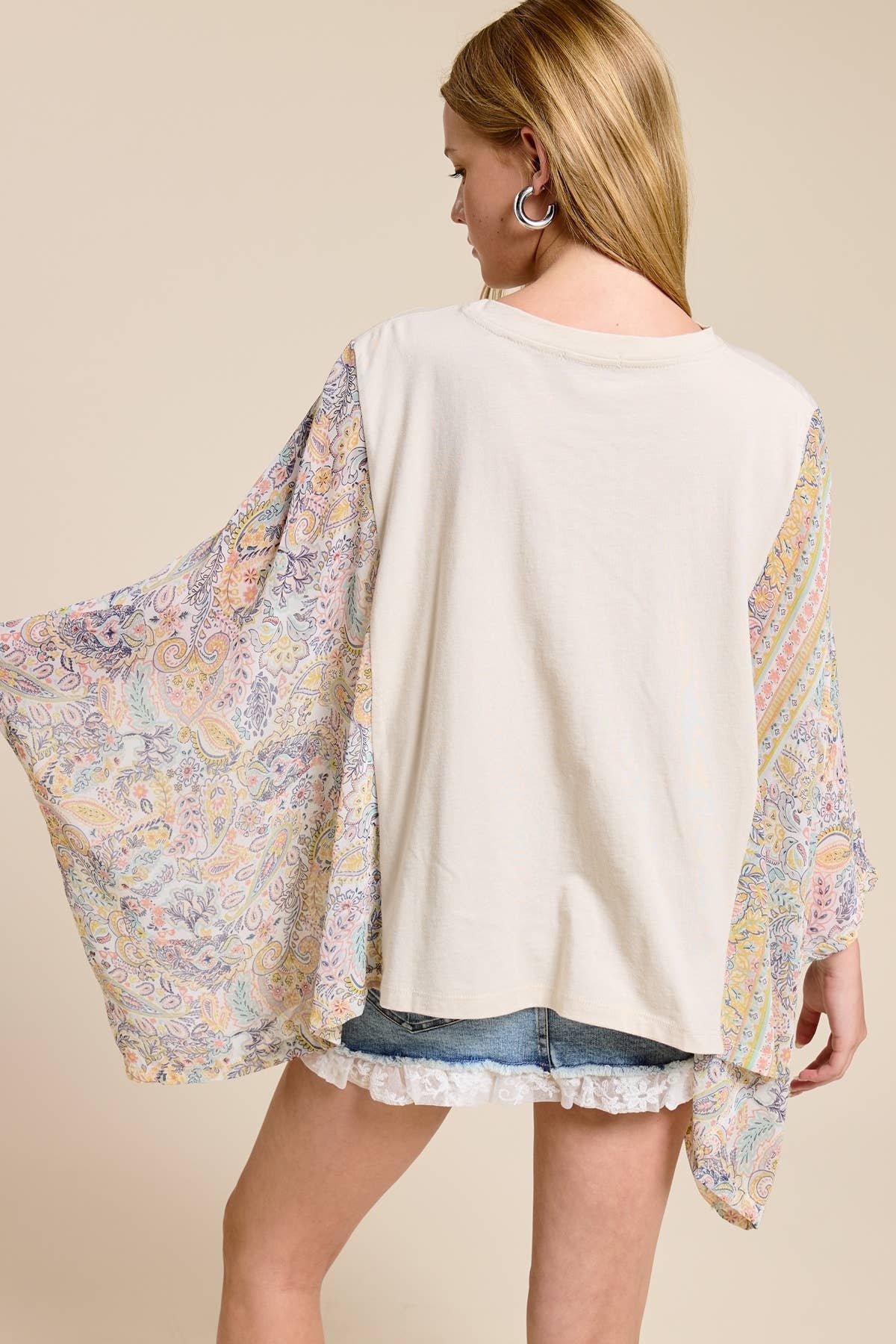 Free Spirit Rock & Roll Graphic Boho Sheer Kaftan Top: ANTIQUE WHITE