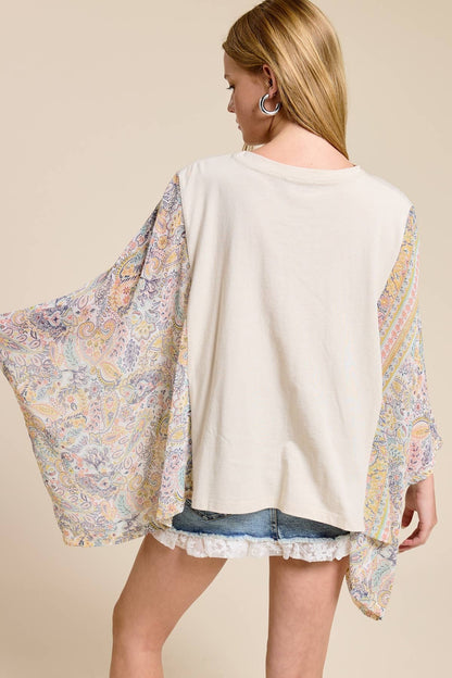 Free Spirit Rock & Roll Graphic Boho Sheer Kaftan Top: ANTIQUE WHITE