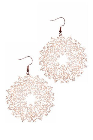 Rose gold medal filigree drop earrings