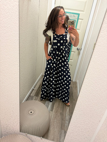 Polly Polka Dot Sling Maxi Jumpsuit: Navy White