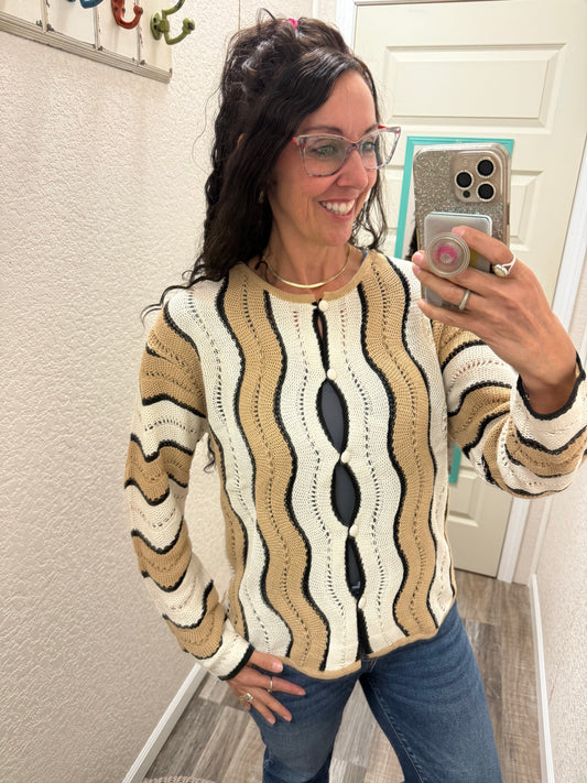 Wave On Pointelle Wavy Striped Knit Button Down Cardigan