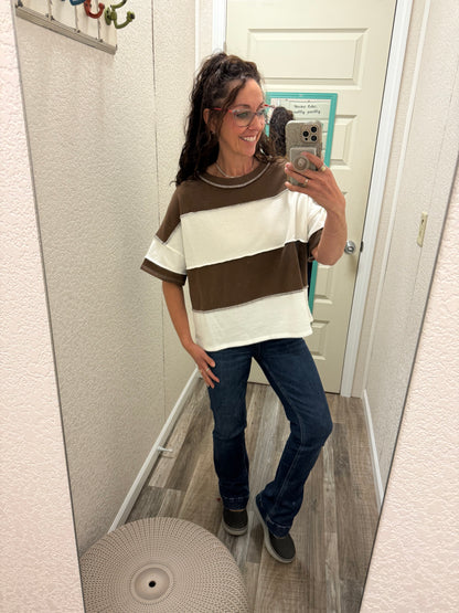 Terry Color Block Exposed Seam Short Sleeve Top