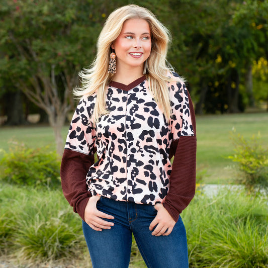Pink Leopard Waffle Long Sleeve Top