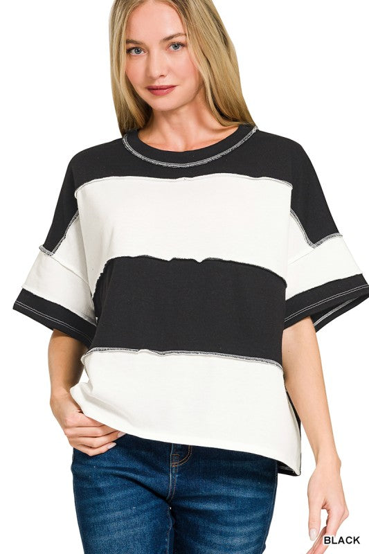 Terry Color Block Exposed Seam Short Sleeve Top