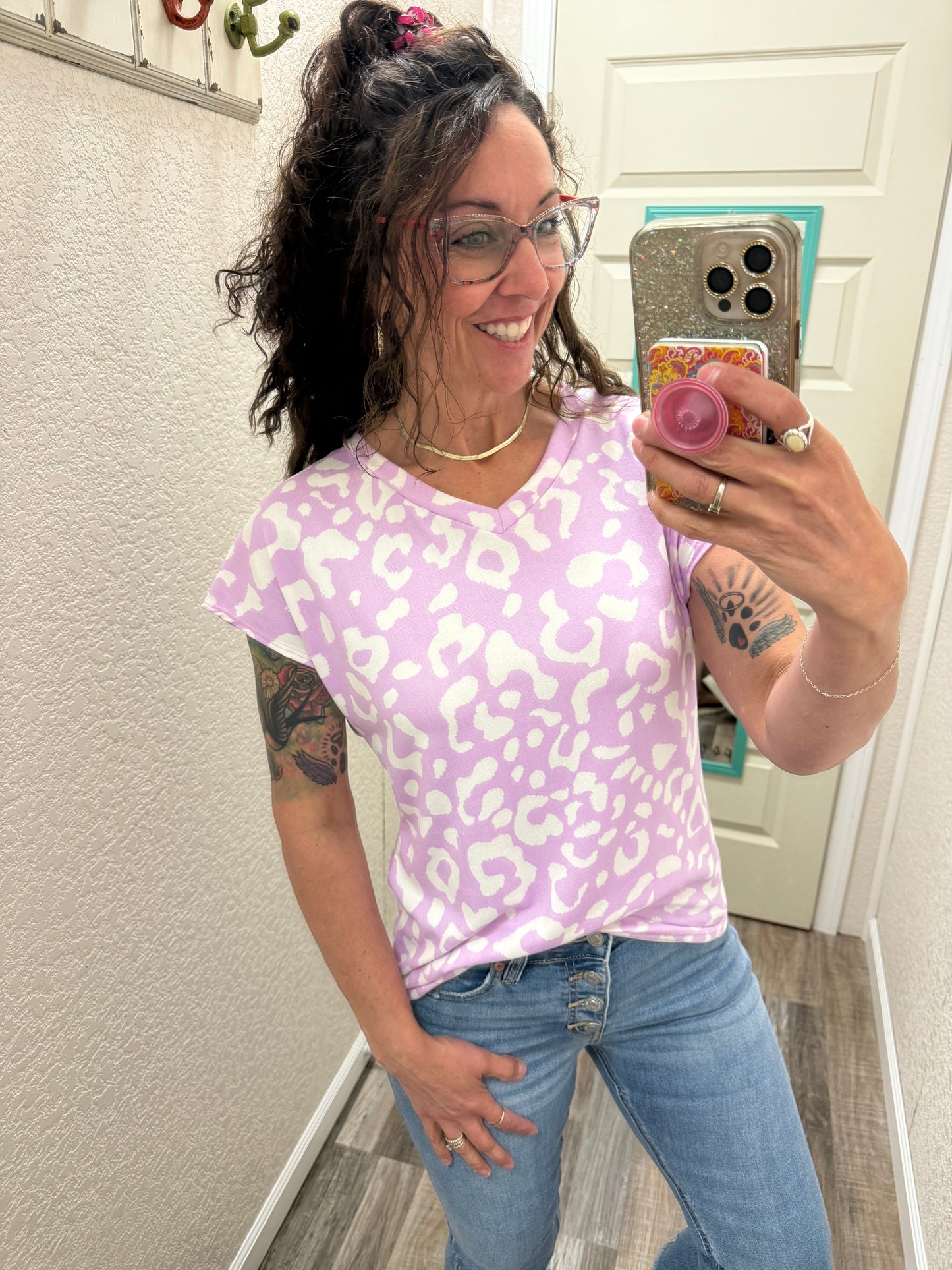 Purple Cheetah V-Neck Banded Cap Sleeve Top