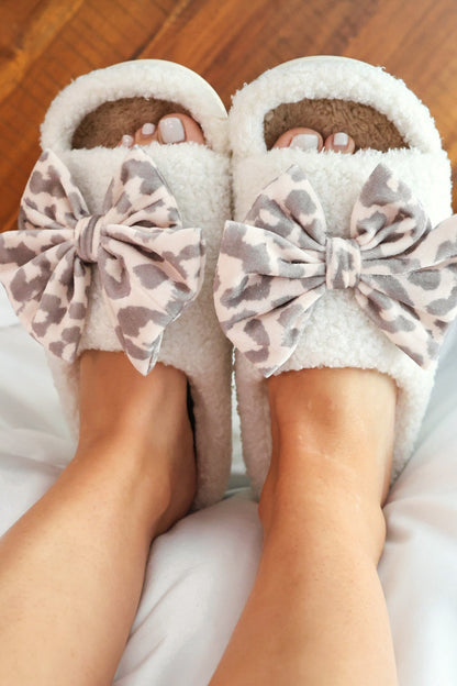 Open Toe Cozy Bow Slippers- Bella Leopard