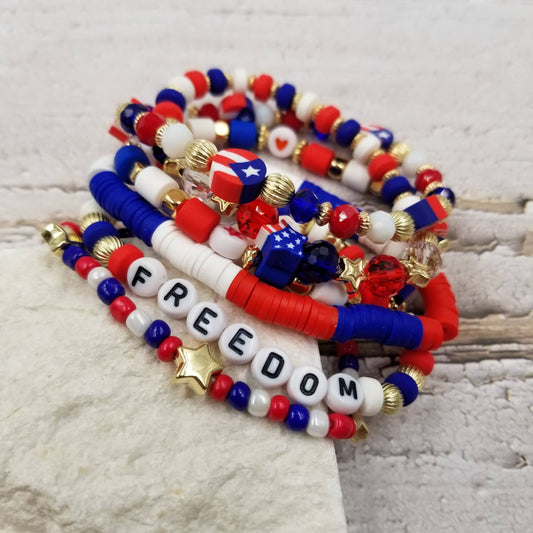 4th of July Heishi Freedom Patriotic Braclet Set Of 6