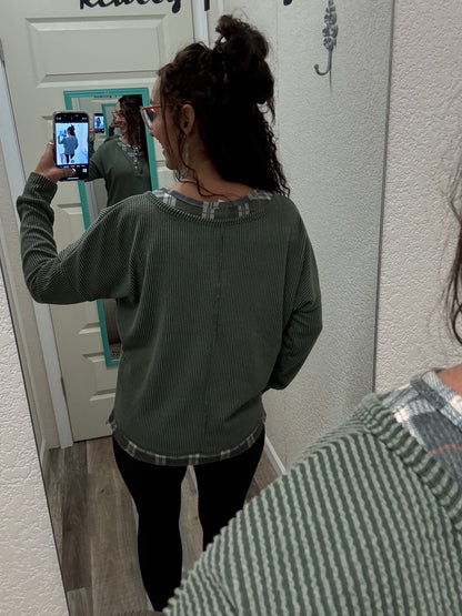 Harriet Olive Corded KNIT HENLEY TOP WITH PLAID CONTRAST TRIM