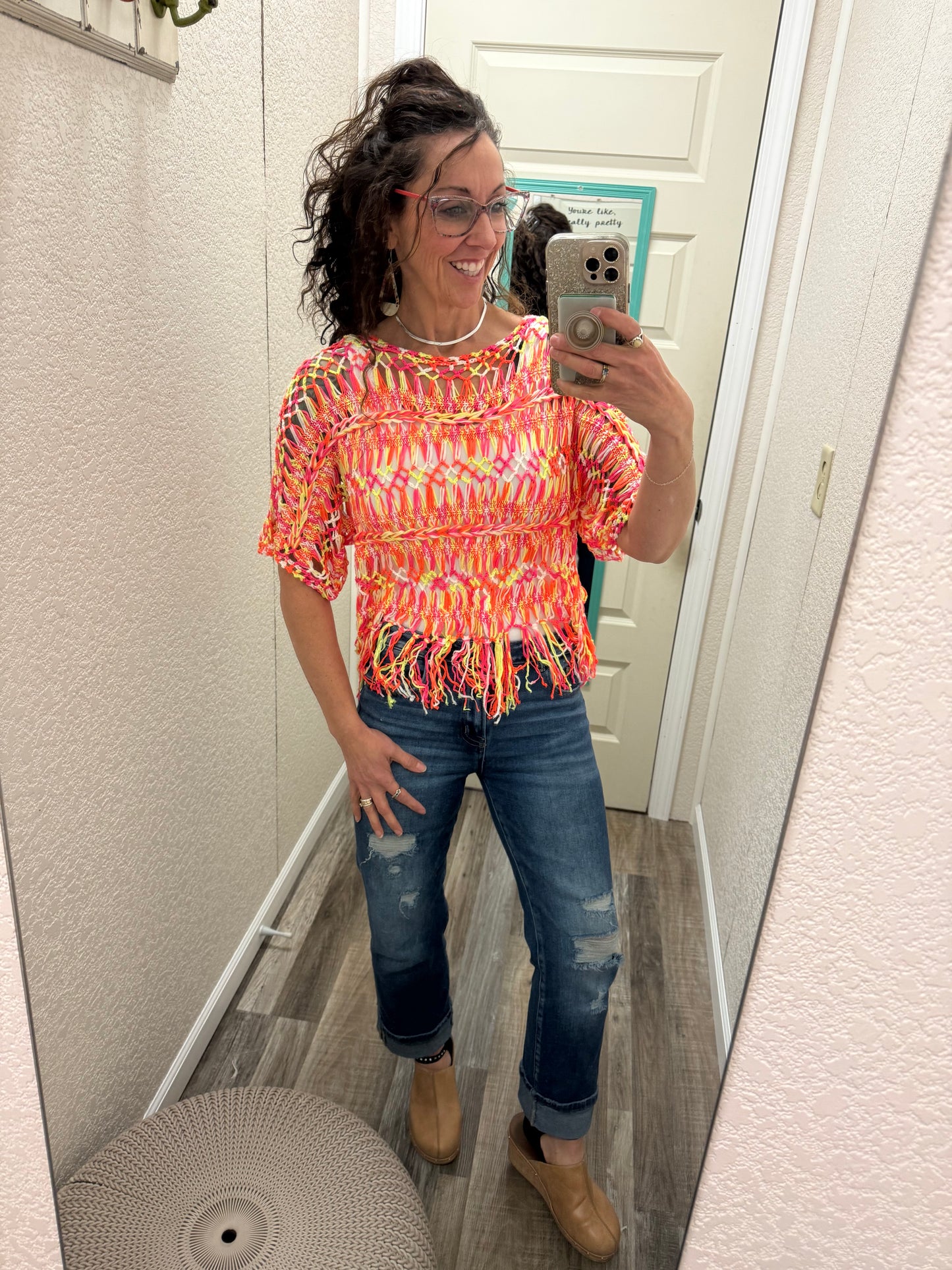 Nadia Neon Fringe Open Knit Top