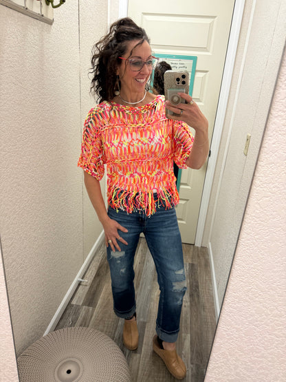 Nadia Neon Fringe Open Knit Top