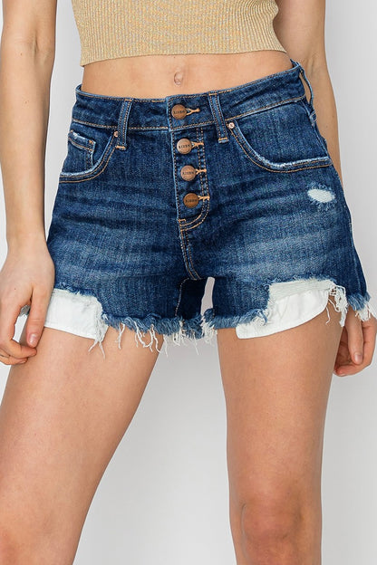 Carrie Risen Mid Rise Button Down Shorts Dark Wash