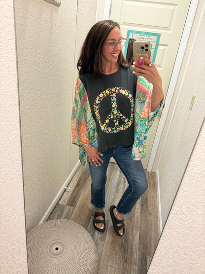 Floral Peace Boho Graphic Rustic Sheer Sleeves Kaftan Top: BLACK