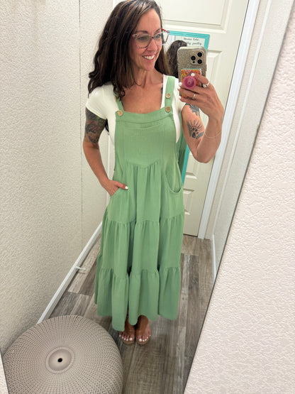Kierra Button Sling Tiered Midi Dress: Pear Green