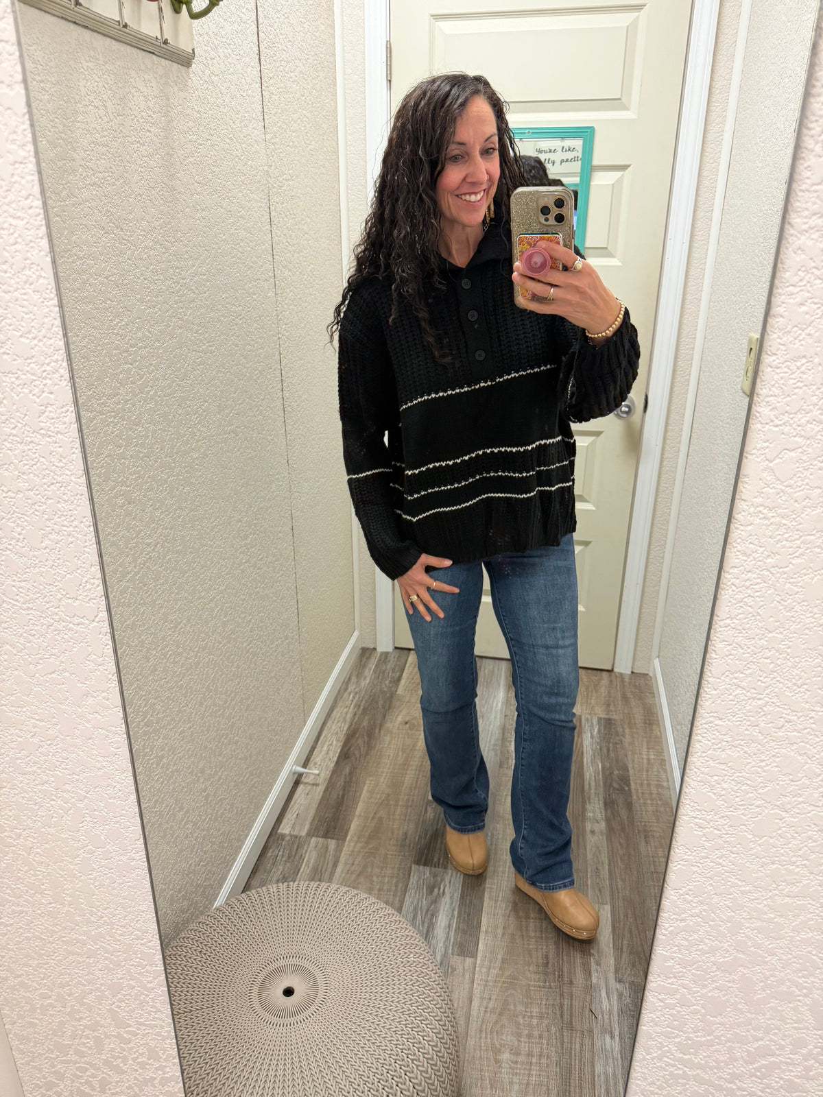 Brandi Button Up Knit Sweater with Contrast Stripes