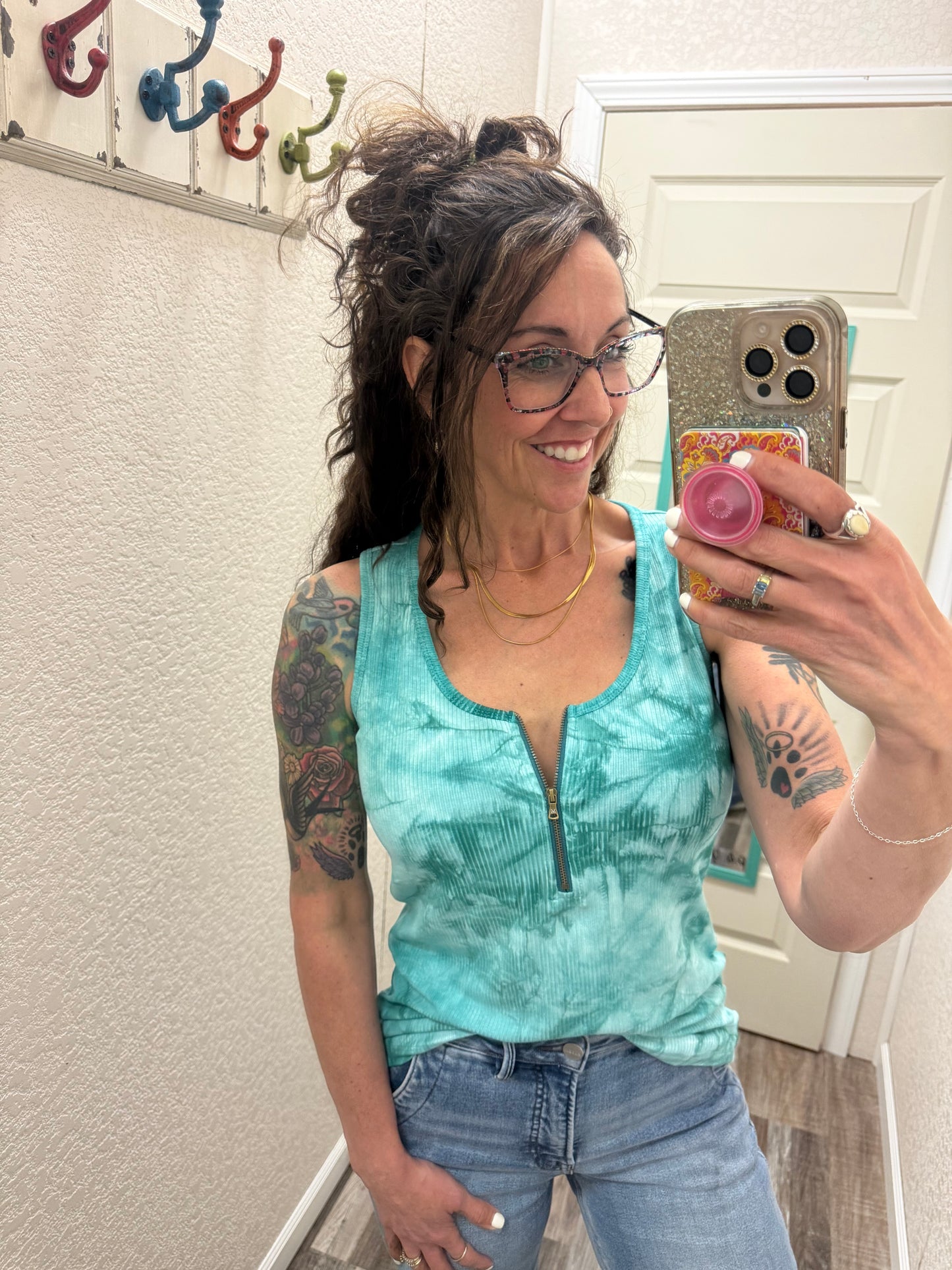 Mila Zipper Tank - Teal Tie Dye
