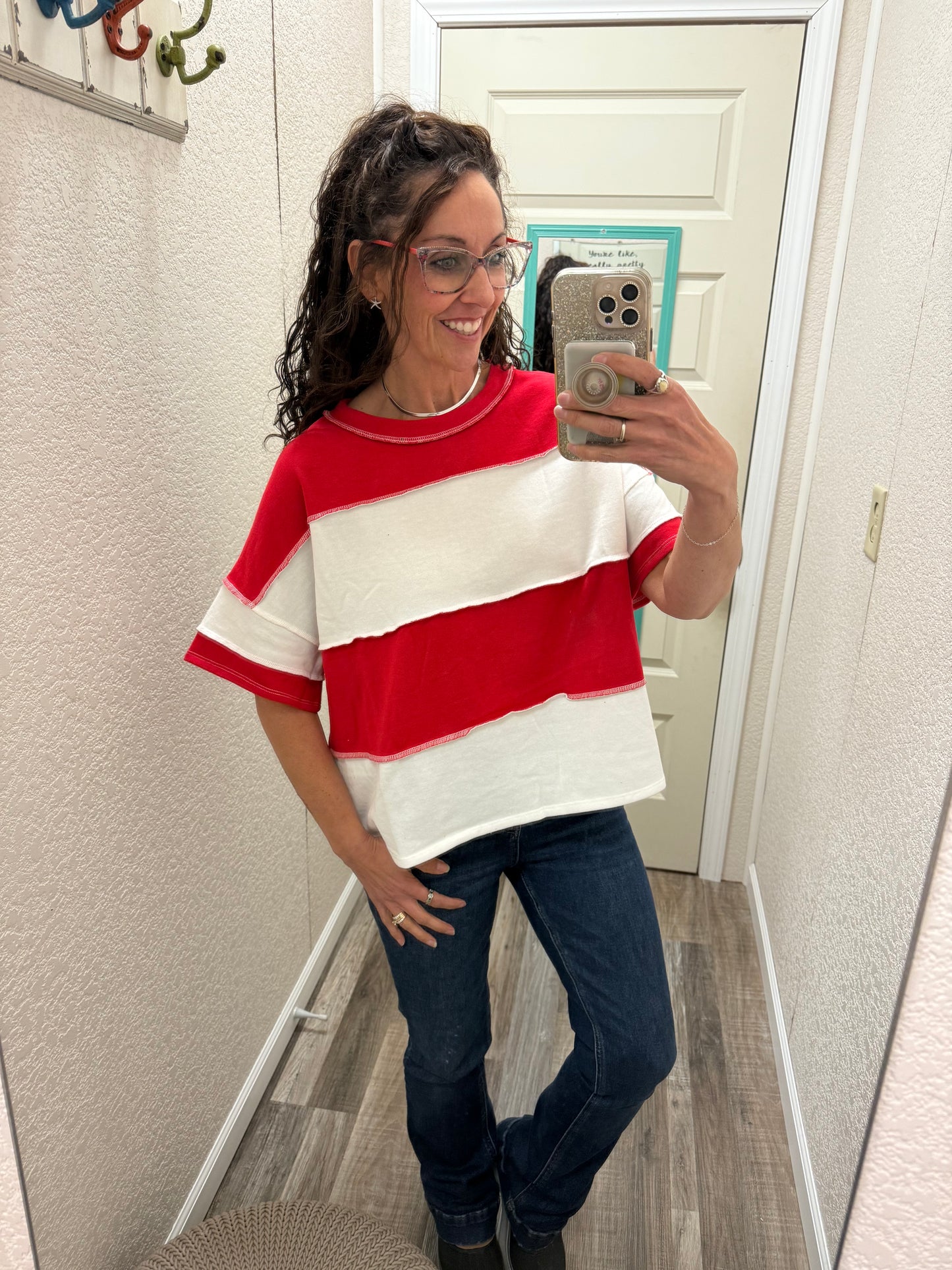 Terry Color Block Exposed Seam Short Sleeve Top