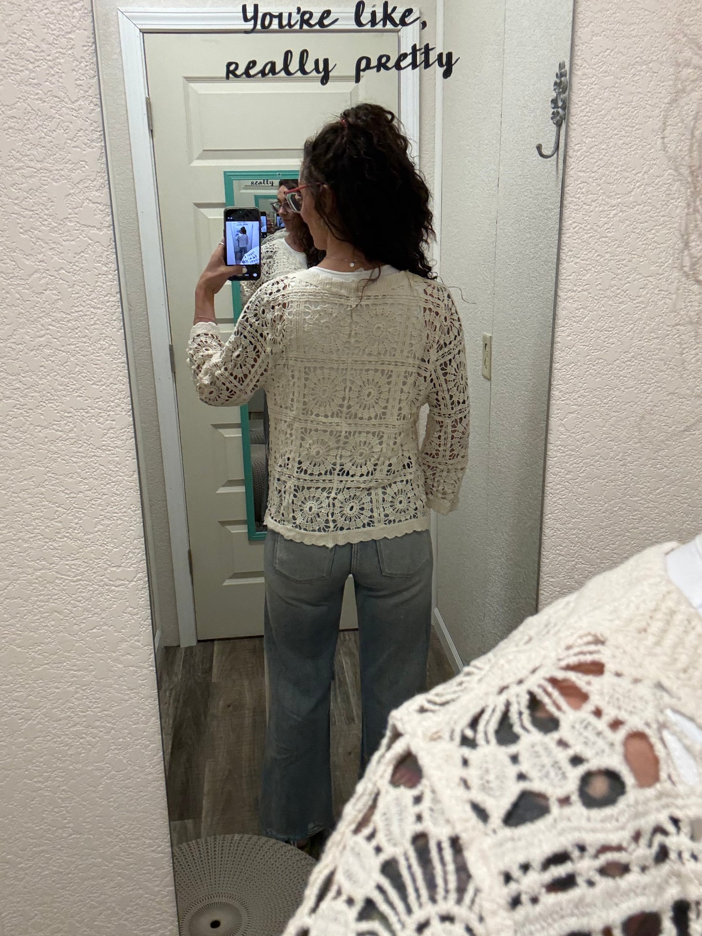 Candi Cropped Scalloped Crochet Button-Front Cardigan