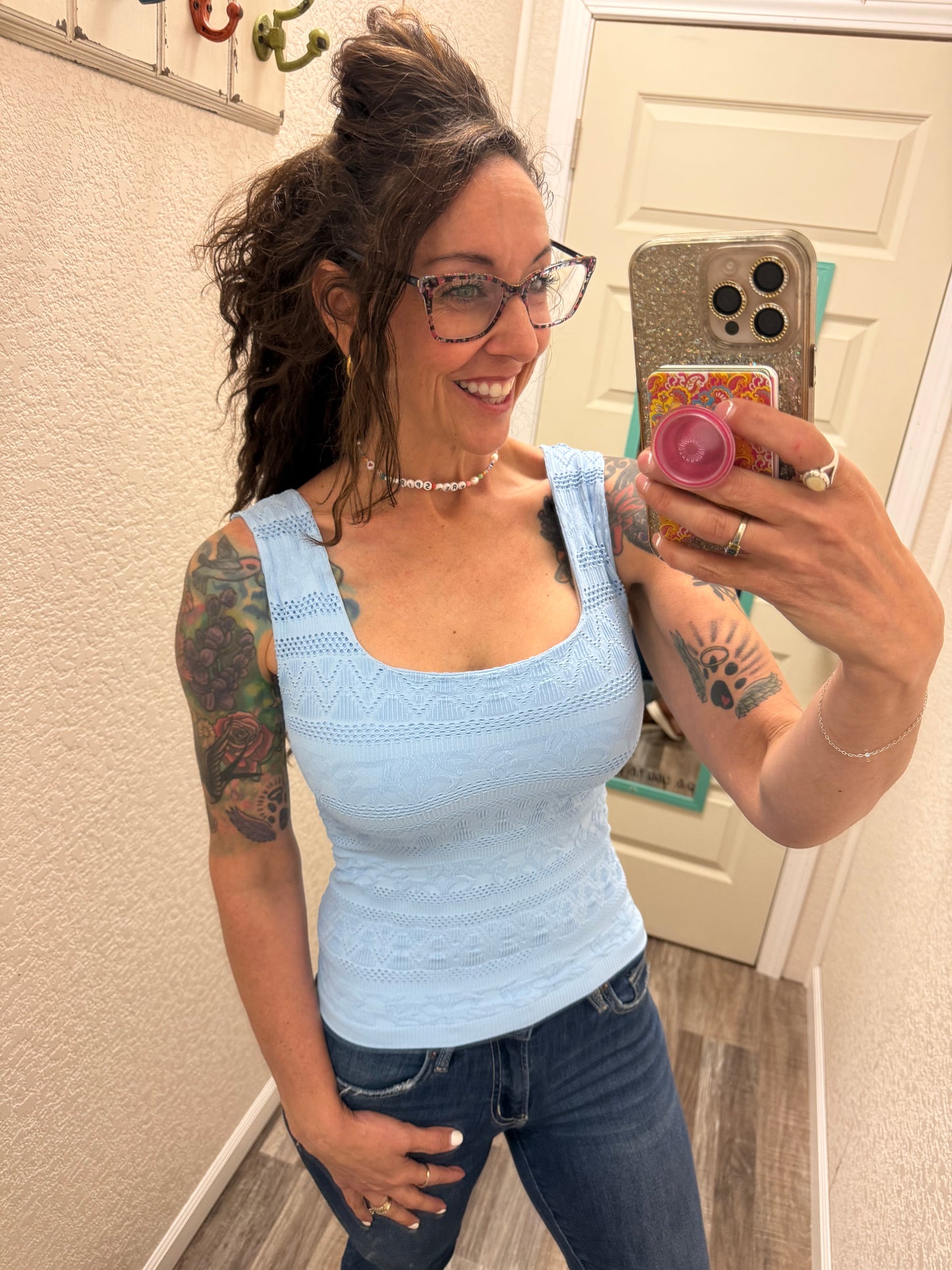 Trust Me Lace Textured Square Neck Tank Top With Built In Bra