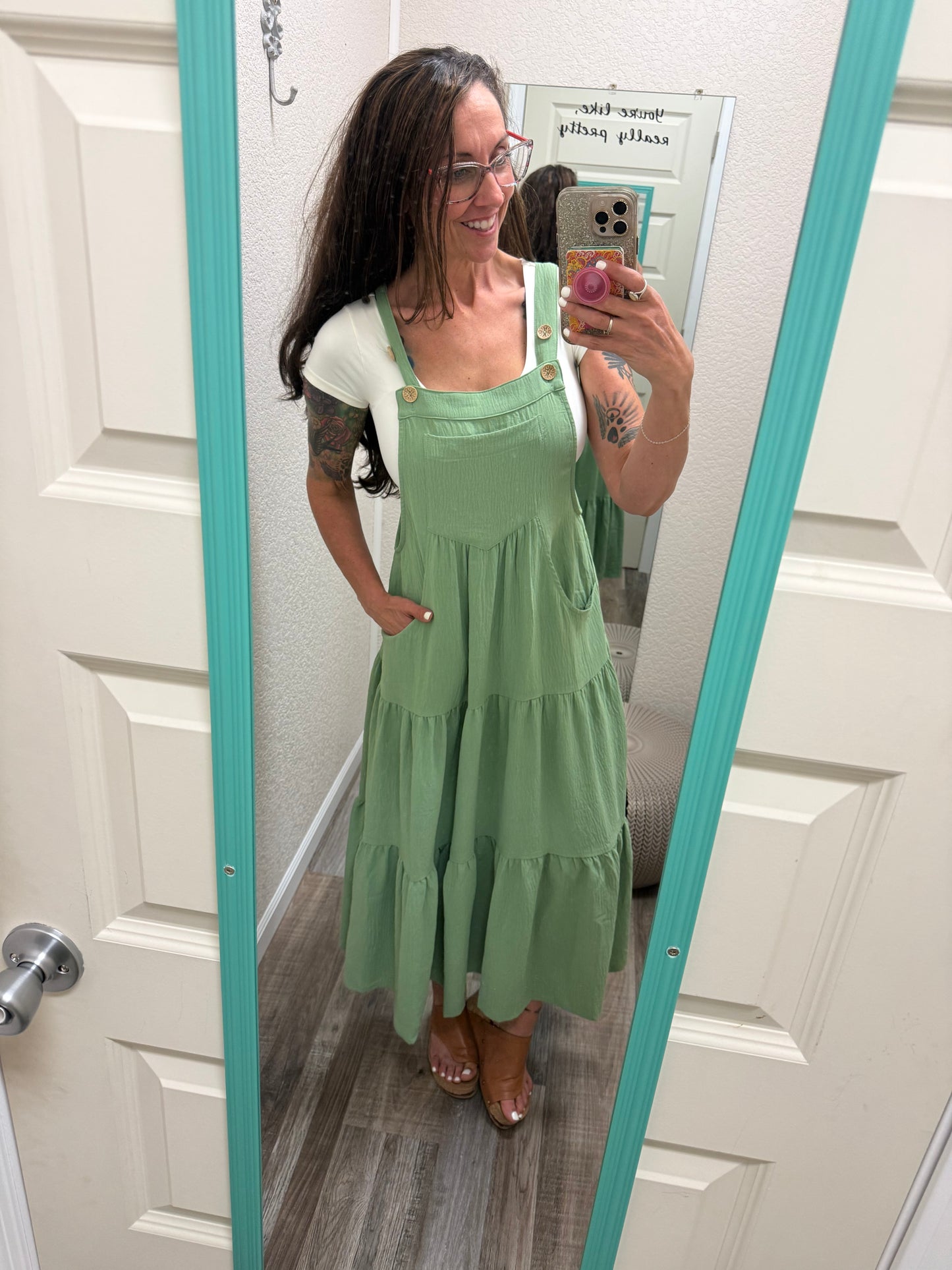 Kierra Button Sling Tiered Midi Dress: Pear Green