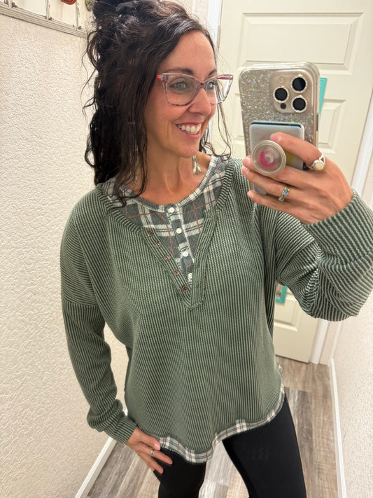 Harriet Olive Corded KNIT HENLEY TOP WITH PLAID CONTRAST TRIM