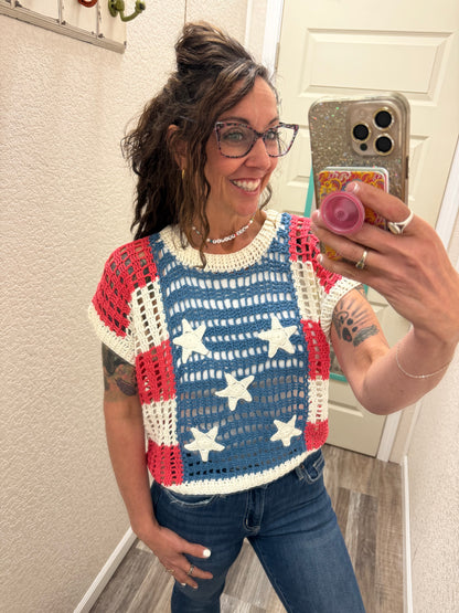 Starry Patches Open Knit Short Sleeve Top