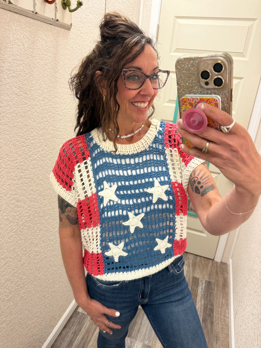 Starry Patches Open Knit Short Sleeve Top