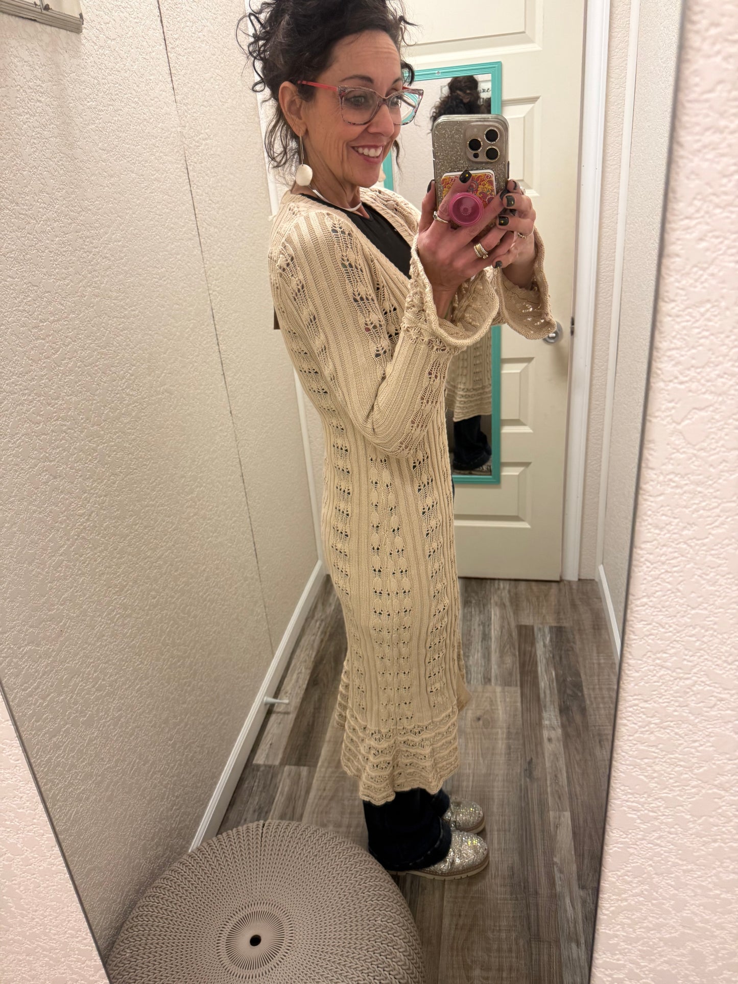 Aphrodite Greek Goddess Open Knit From Flared Long Cardigan