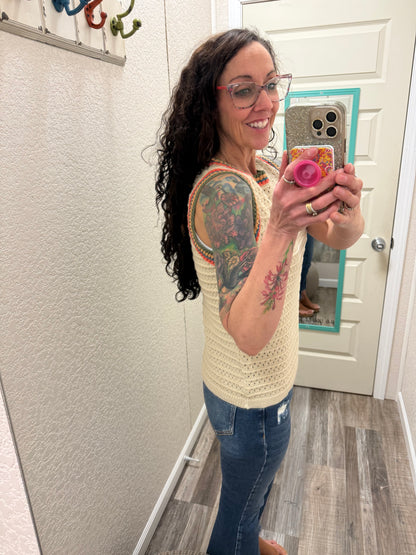 Marie MULTI COLOR TRIM CROCHET SLEEVELESS Top