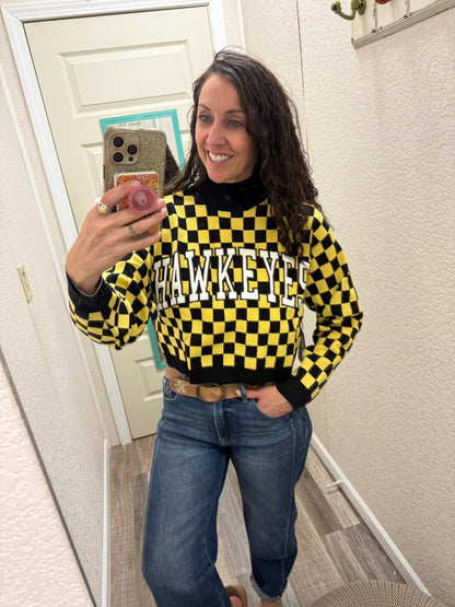 Iowa Checkerboard Cropped Crewneck Sweater: BLACKYELLOW