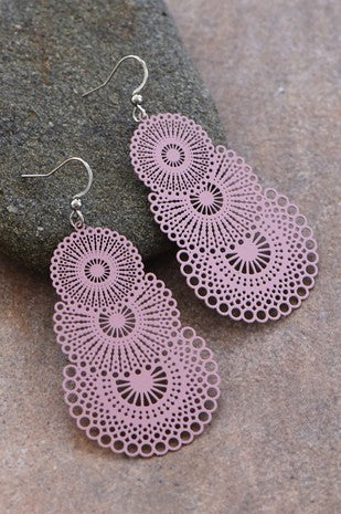 Painted LaserCut Metal Filigree Drop Earrings (light pink)