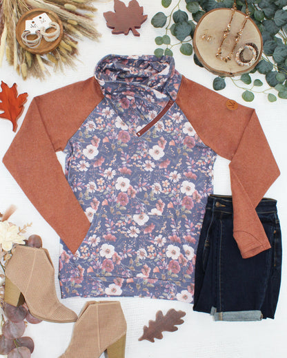 08.21 EN ROUTE Classic Zoey ZipCowl Sweatshirt - Blushwood Floral and Terra Cotta