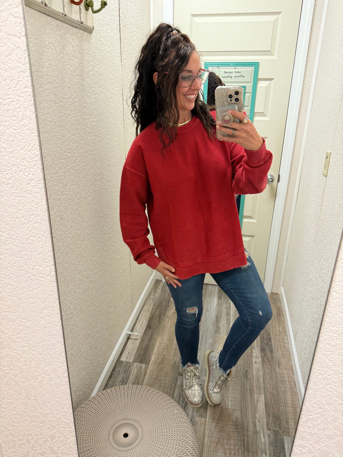 Crimson Red Rounded Bottom Luxe Corded Crew