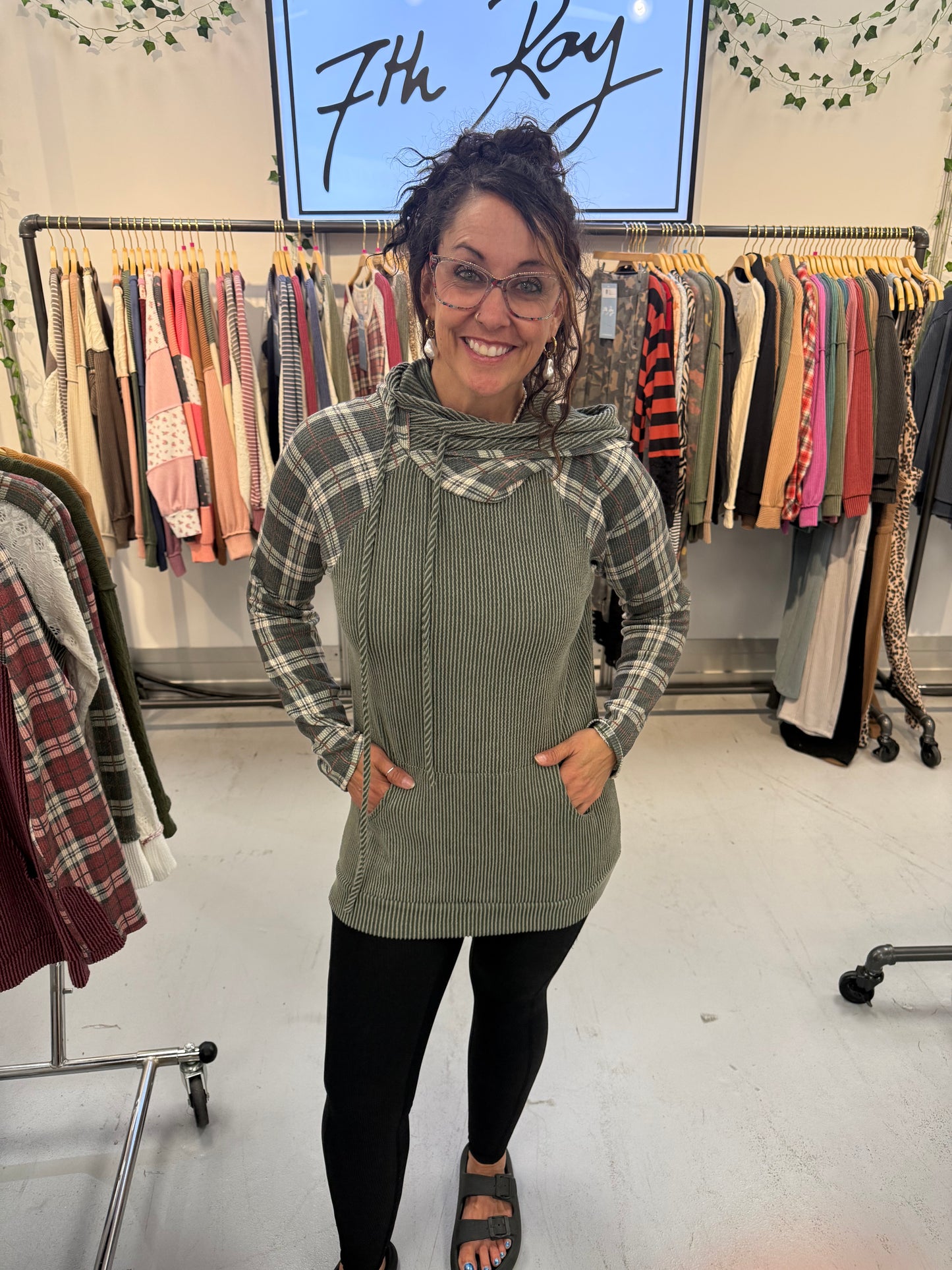 Holly Olive Corded PLAID CONTRAST DRAWSTRING HOODIE With Thumbholes