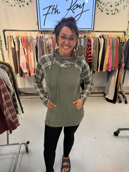 Holly Olive Corded PLAID CONTRAST DRAWSTRING HOODIE With Thumbholes