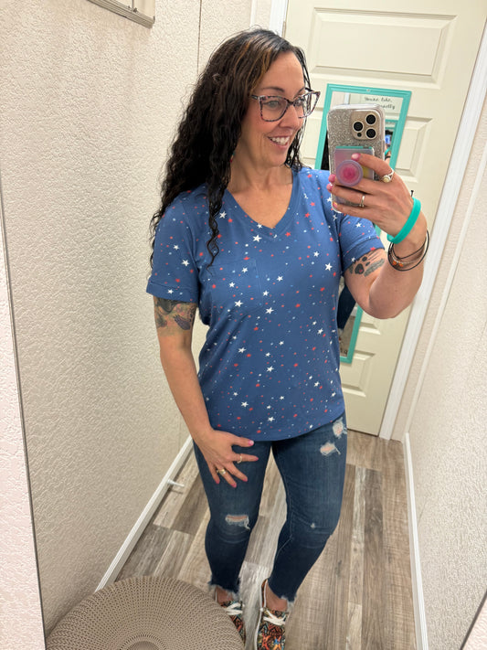 Sophie Pocket Tee - Blue Liberty Stars