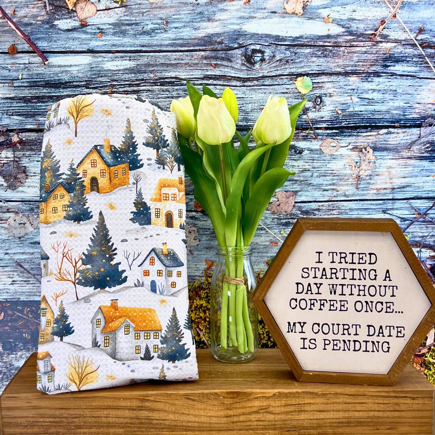 Winter Village Waffle Weave Tea Towels With Hanging Loop