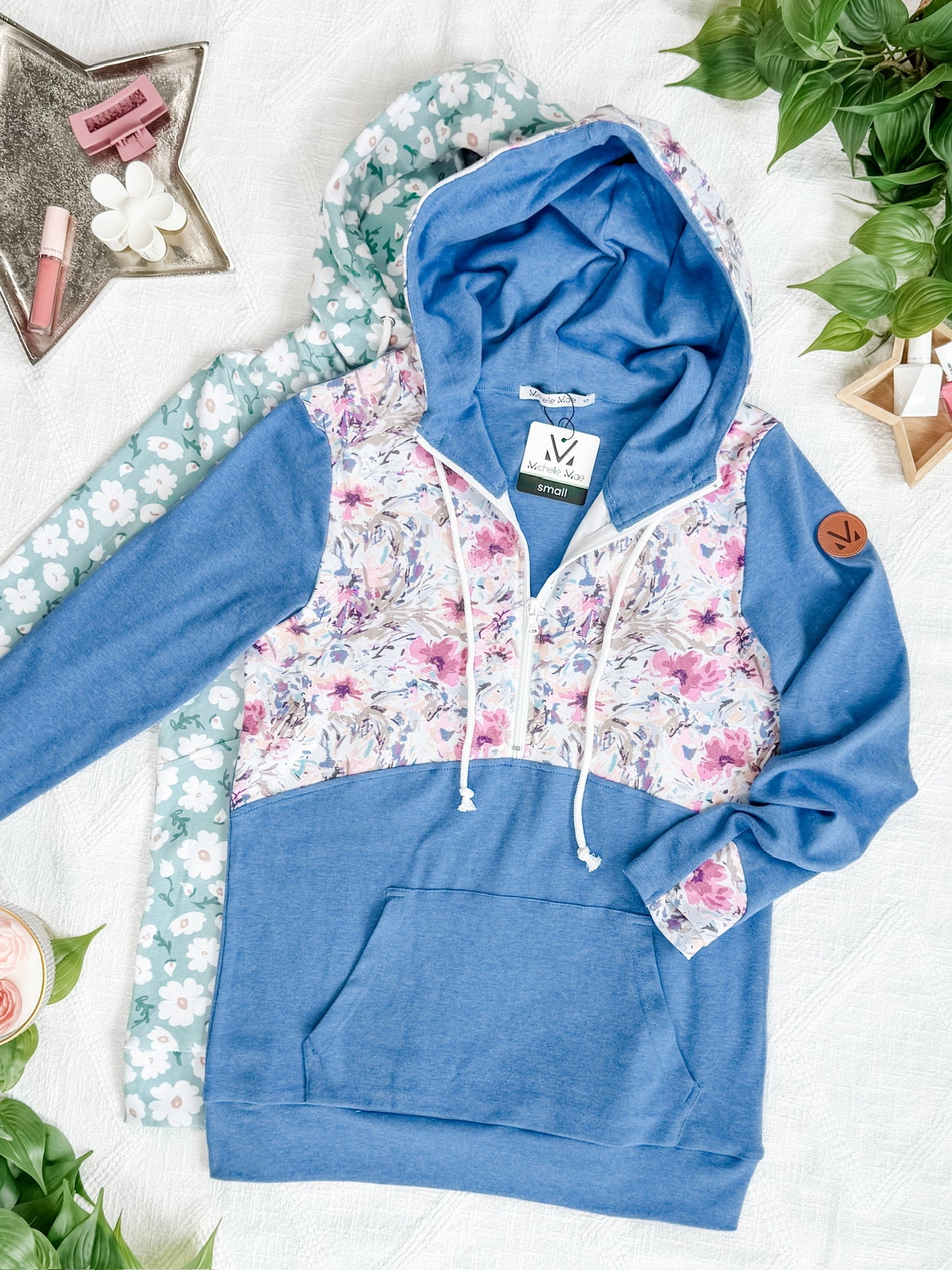 IN STOCK HalfZip Hoodie - Pink and Periwinkle Abstract Floral and Blue