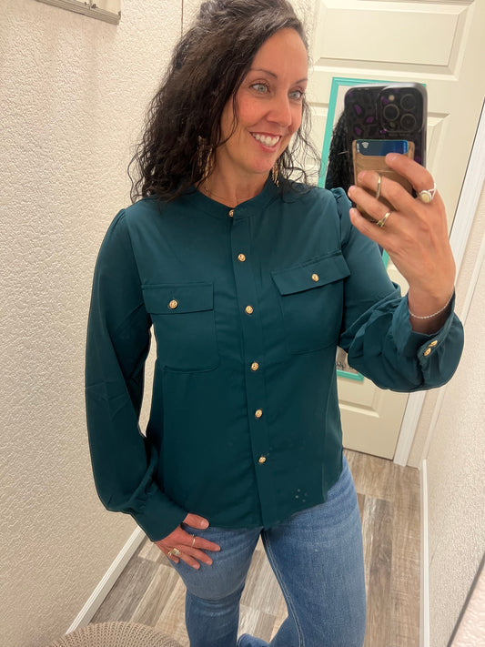 Nora - Hunter Green - Silky Button Up Shirt